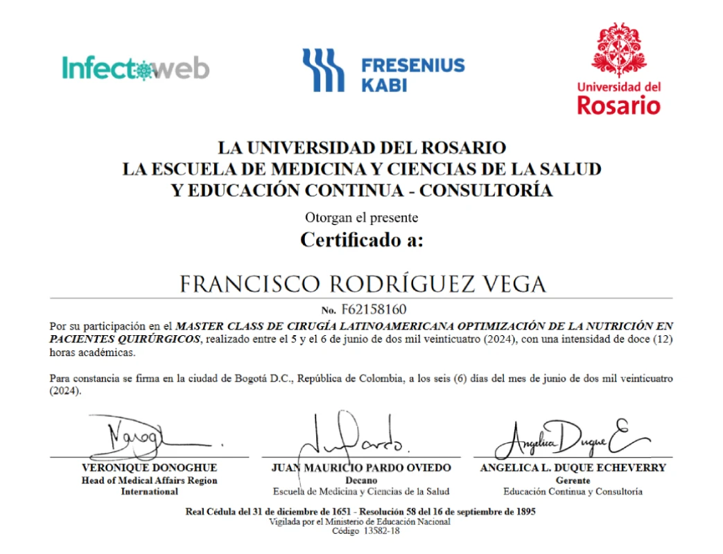 Certificado Master class de cirugía latinoamericana optimización de la nutrición en pacientes quirúrgicos, Universidad del Rosario